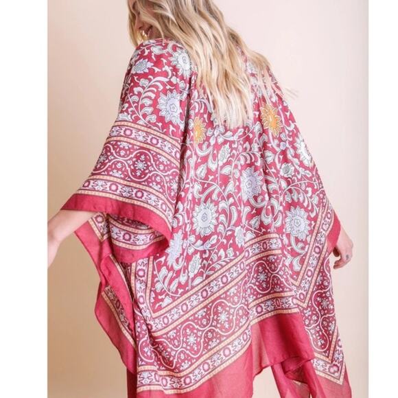 Touch of Morocco Tapestry Tassel Boho Kimono Wrap Shawl Red Lavender - Picture 2 of 3